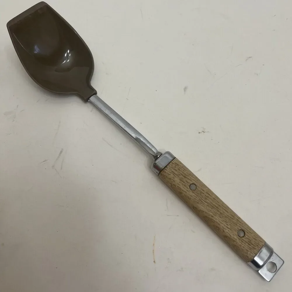 Vintage Wooden Handled Kitchen Spoon Brown Plastic MCM Cooking Utensil
